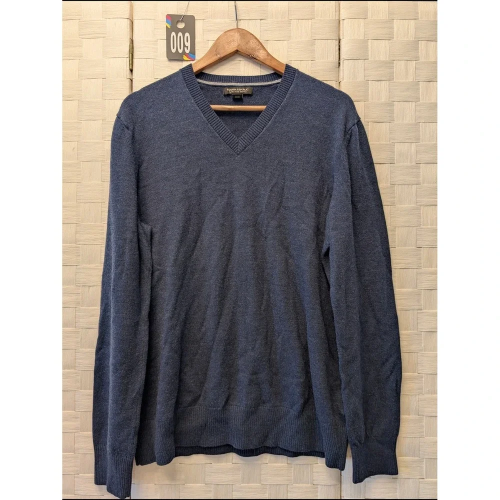 Banana Republic Mens XL‎ Blue Extra Fine Merino Wool V-Neck Sweater Heathered
